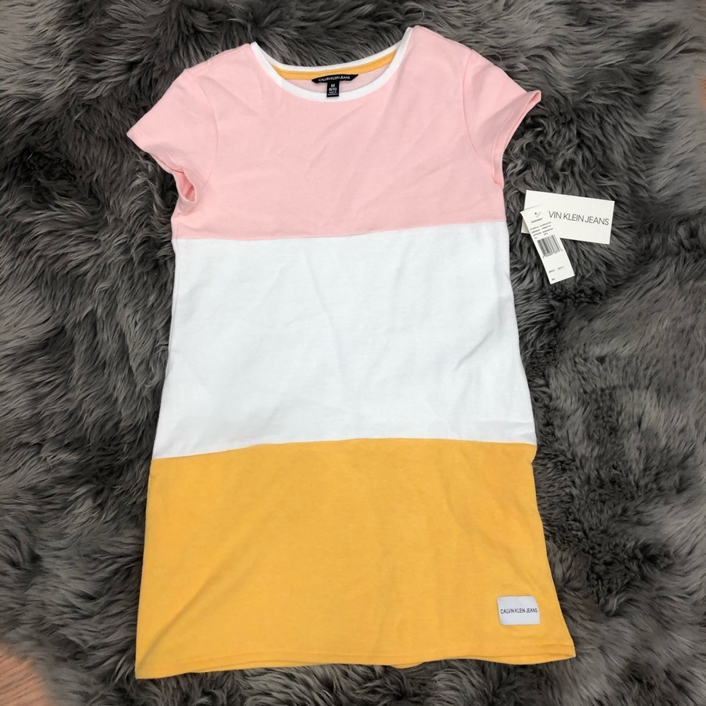Calvin Klein Jeans | Girls Block T-Shirt Dress | Pink, Yellow, White | Medium